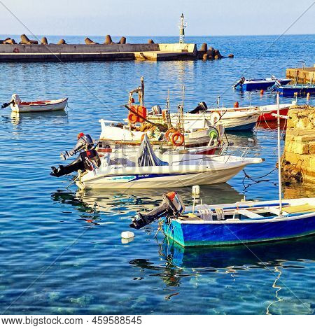 Panormos, Crete - September 3, 2013: Boats In Small Port In Village Panormo At Crete Island At Greec