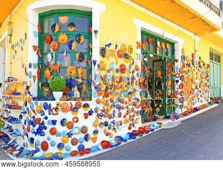 Margarites, Greece - September 8, 2013: Market Decorated  By Handmade Ceramics In Village Margarites