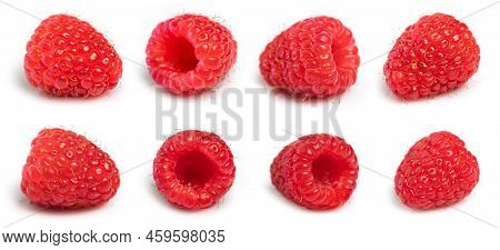 Raspberries Isolate Set. Raspberry Isolated On White Background. Red Berry Closeup