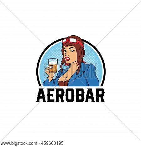 Retro Pilot Girl Hold A Glass Of Beer For Aerobar Logo Design Illustration