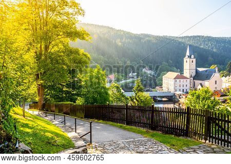 Rozmberk Town Panorama With Church Of St. Nicholas, Rozmberk Nad Vltavou, Czech Republic