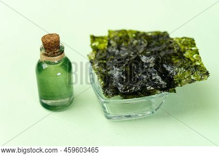 Alternative Seaweed Oil, Spirulina. Selective Focus. Healthy Ingredient With Algae Seaweeds. Selecti