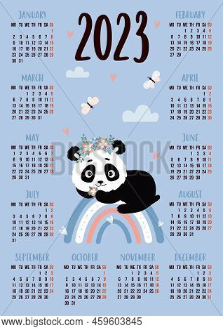 Vertical Annual Calendar For 2023 For 12 Months With Cute Panda On Rainbow. Vector Illustration. Ver