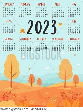 Calendar For 2023 With Beautiful Autumn Nature Landscape, Yellow Trees With Autumn Leaves. Vector Il
