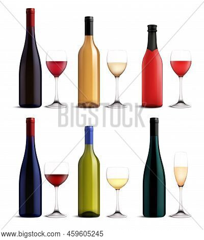Wine And Glass Realistic Set With Red Pinkand White Wine Isolated Vector Illustration
