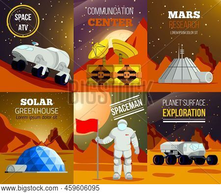 Set Of Flat Cards Of Planet Colonization With Spaceman Research Of Mars Exploration Equipment Isolat