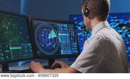 Workplace Of The Professional Air Traffic Controller In The Control Tower. Caucasian Aircraft Contro