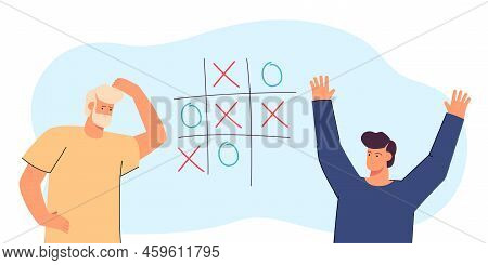 Son Beating Dad At Tic-tac-toe Flat Vector Illustration. Young And Elderly Men Playing Oughts And Cr