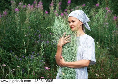 Beautiful Village Girl Hugging Bouquet Of Wormwood Artemisia Absinthium Walks Through Forest Clearin