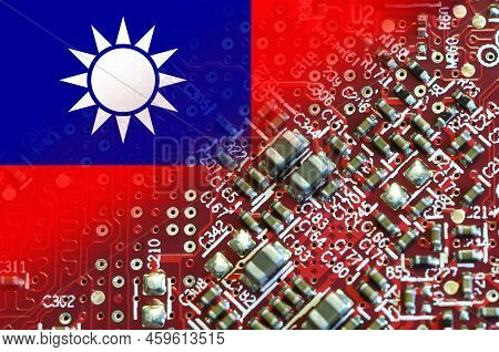 Flag Of Taiwan On  Microchips Of A Electronic Printed Board. Taiwan Manufacturing Chip Industry Emer