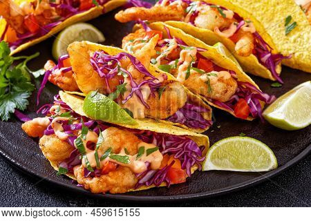 Bang Bang Shrimp Tacos With Purple Cabbage, Tomatoes, Parsley, Lime Drizzled With Mayonnaise Hot Chi