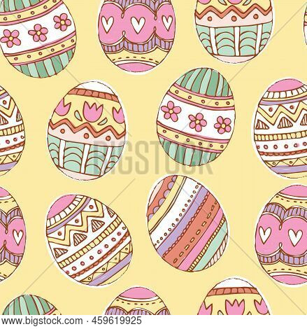 Doodled Easter Eggs Strolling Across A Seamless Pattern. This Vector Artwork Repeats Seamlessly. Hap