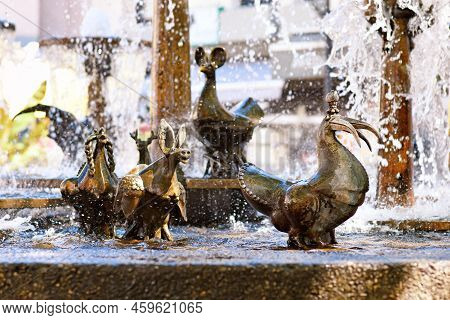 Neustadt An Der Weinstrasse, Germany - August 2022: Sculpture At 'elwedritsche Brunnen' Fountain. El