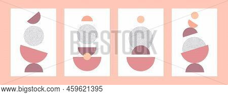 Set Of Abstract Posters With Boho Arches, Stripes And Simple Shapes In Warm Autumn Colors. Interior 