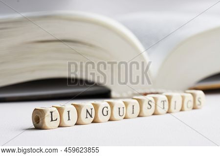 Word Linguistics From Wooden Cubes On White Background Next To An Open Book. Concept Of Studying Lin