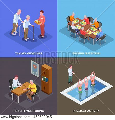 Nursing Home  2x2 Design Concept Set Of Taking Medicines Proper Nutrition Health Monitoring Physical