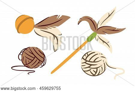 Cat Toys With Feathers. Kitten Feather Wand For Playing And Teasing. Cute Vector Illustration