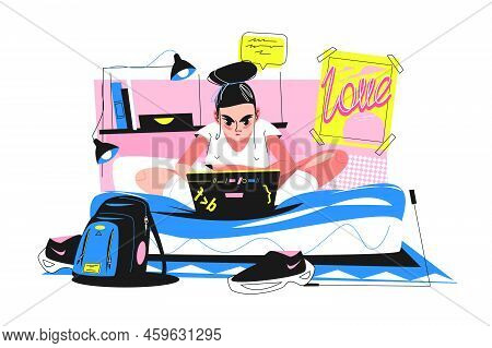Concentrated Girl On Online Class Vector Illustration. Online Classes On Computer Programming From H
