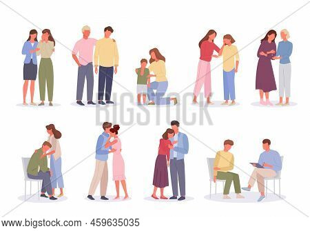 Reassurance. Psychology People Support Friendly Moral Reassurance And Hugs Kids Parenthood. Vector C