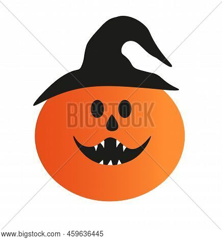 Pumpkin In Hat With Evil Smile And Teeth. Halloween Pumpkin Illustration. Pumpkin In Witch Hat.