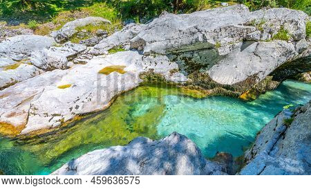 Clear Water Of Soca River At Small Soca Gorge, Julian Alps, Slovenia