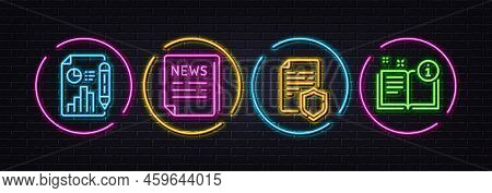 Fake News, Data Security And Report Document Minimal Line Icons. Neon Laser 3d Lights. Manual Icons.