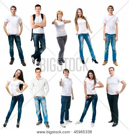 conjunto de fotos de um povo jovem sorrindo em t-shirts brancas