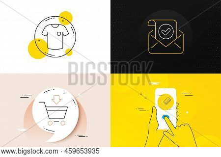 Minimal Set Of Credit Card, T-shirt And Confirmed Mail Line Icons. Phone Screen, Quote Banners. Onli