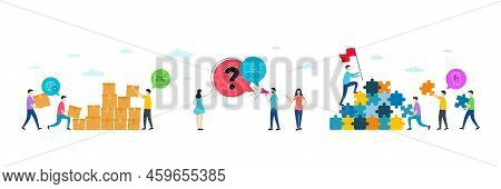 Stock Analysis, Time Zone And Management Minimal Line Icons. People Characters With Puzzle, Delivery