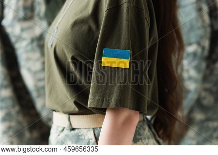 Cropped View Of Chevron With Ukrainian Flag On Soldier Uniform.