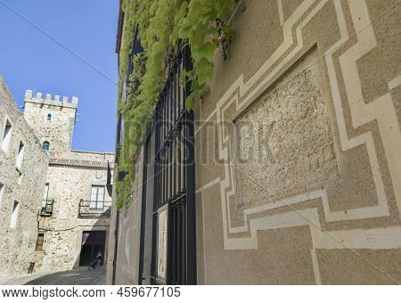 Roman Tombstone Built In Historic Quarter House. Roman Remains Still Visible At Sande Palace, Cacere