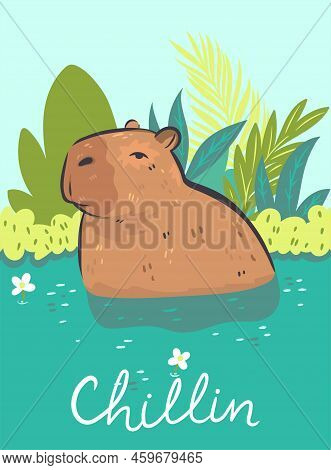 Postcard With A Cute Capybara And An Inscription. Vector Image.