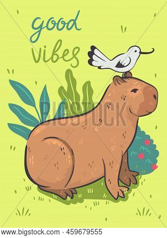 Postcard With A Cute Capybara And An Inscription. Vector Image.