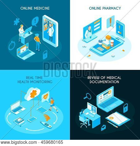 Online Medicine Isometric Concept Internet Pharmacy Health Monitoring In Real Time Electronic Medica