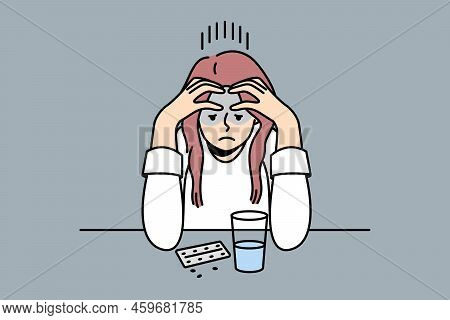 Frustrated Young Woman Sit At Desk Thinking Of Taking Pills. Unhappy Confused Female Doubt About Med