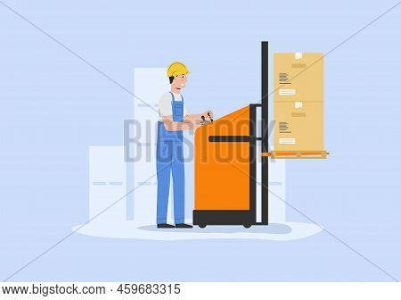 Concept Of Warehouse. Storehouse Cheerful Worker In Uniform Loading Cardboard Boxes With Electric Pa