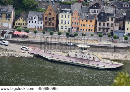 Sankt Goarshausen, Germany - 08 04 2022: Ferry At The Shore Of Sankt Goar