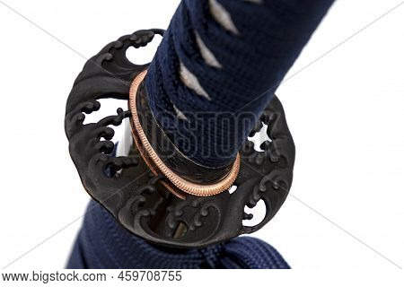 Wave Design Tsuba: Japanese Sword Hand Guard Made Of Steel. Sword Hilt And Sheath Wrapped With Navy 