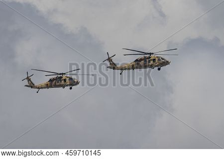Jerusalem, Israel - May 5th, 2022: Two Israeli Air Force Sikorsky Uh-60 Black Hawk Helicopters, Flyi