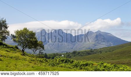 Beautiful Landscape Of Scotland Isle Of Skye With Mountain In A Sunny Day.