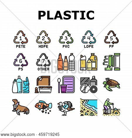Plastic Waste Nature Environment Icons Set Vector. Bottle And Container, Package And Bag, Bird And T