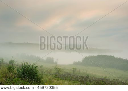 Serene Landscape In The Fog - The Shores Of Lake Otolovo In Belarus