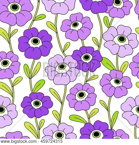 Seamless Pattern With Violet Flowers. Trippy Background. Hand Dran Vector Illustration. Texture For 