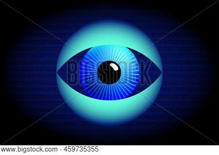 Surveillance Eye And Big Data Symbol. Blue Eyeball Between Wide Open Spread Turquoise Eyelids, In Fr