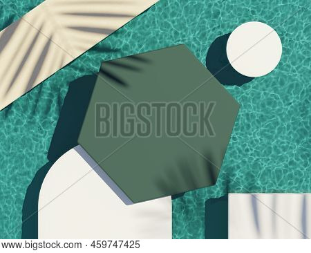 3d Render Top View Of White Blank Cylinder Frame For Mock Up And Display Products With Water Caustic