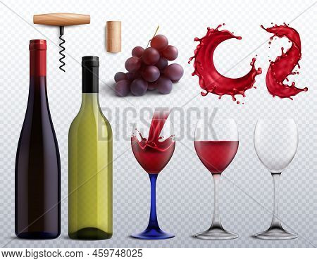 Wine Realistic Transparent Set With Grapes And Glass Isolated Vector Illustration