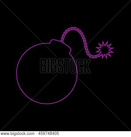 Neon Bomb Icon Isolated. Bomb With Burning Wick On A White Background