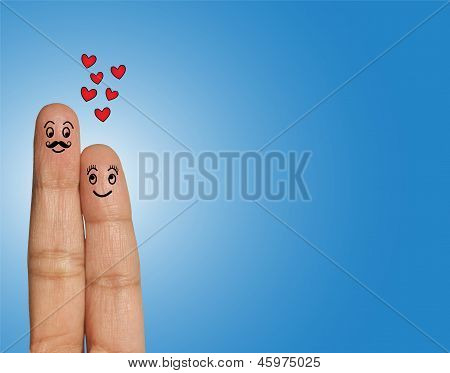 Casal feliz, o homem com bigode e mulher olhando uns aos outros em amor - ilustração do conceito Usin