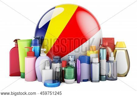 Seychelloise Flag With Cosmetic Bottles, Hair, Facial Skin And Body Care Products. 3d Rendering Isol