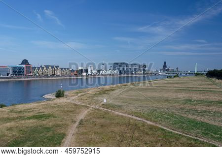 Cologne, Germany, August 10, 2022: Rhine Panorama From The Stapelhaeuser Over The Kranhaeuser To The